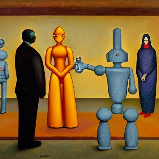 Image similar to robots surrounding a priestess, ( ( ( grant wood ) ) ), pj crook, ( ( ( edward hopper ) ) ), oil on canvas