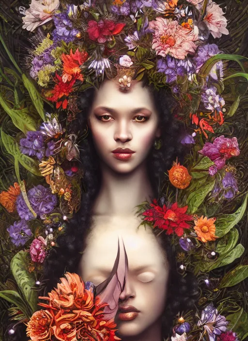 Prompt: portrait of the african queen of the underworld, surrounded by flowers by karol bak, james jean, tom bagshaw, rococo, sharp focus, trending on artstation, cinematic lighting, hyper realism, octane render, 8 k, hyper detailed.