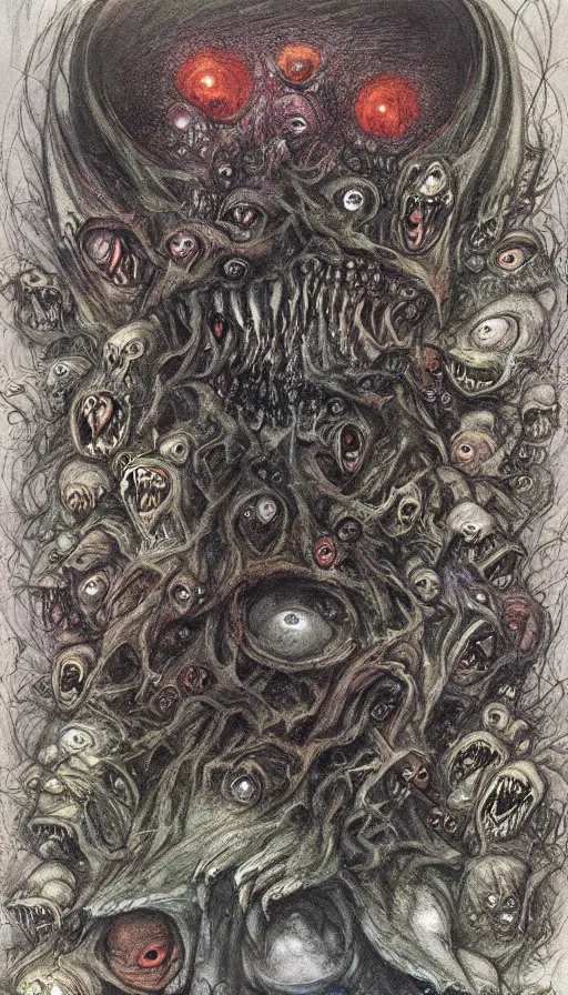Image similar to a storm vortex made of many demonic eyes and teeth, by brian froud