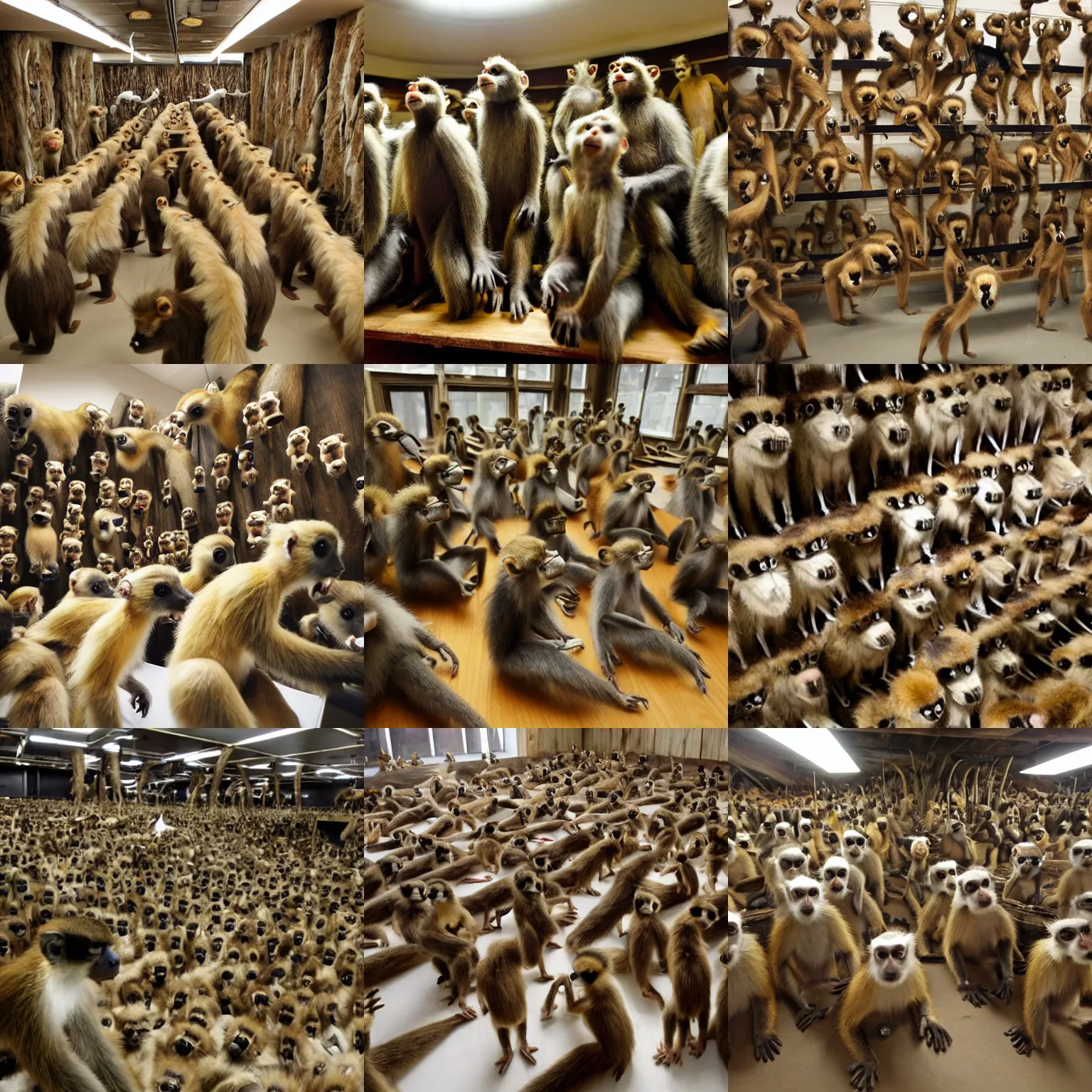 Prompt: a room full of taxidermy monkeys