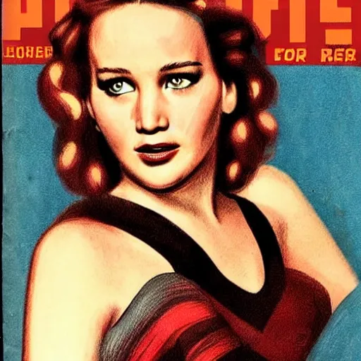 Image similar to “jennifer Lawrence portrait, color vintage magazine illustration 1950”