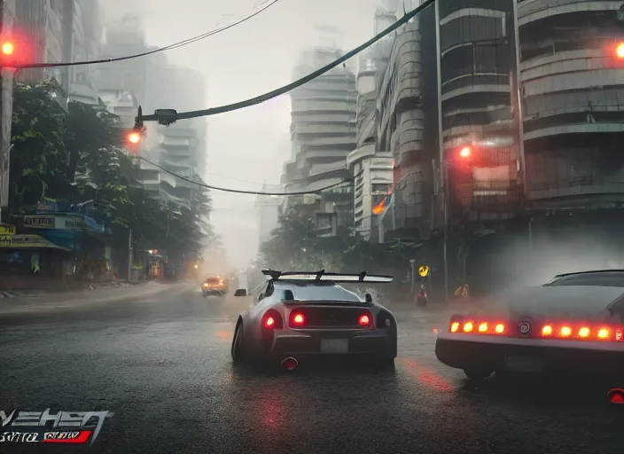 Image similar to hyperrealistic matte painting of need for speed street car in jakarta, action movie. fine details, rain, some people, rtx reflections, jakarta suburbs, paneled buidlings, fog, night, photorealistic, unreal engine, octane render, volumetric light, 4 k, 5 0 mm bokeh, toyota avanza, by greg rutkowski, artstation