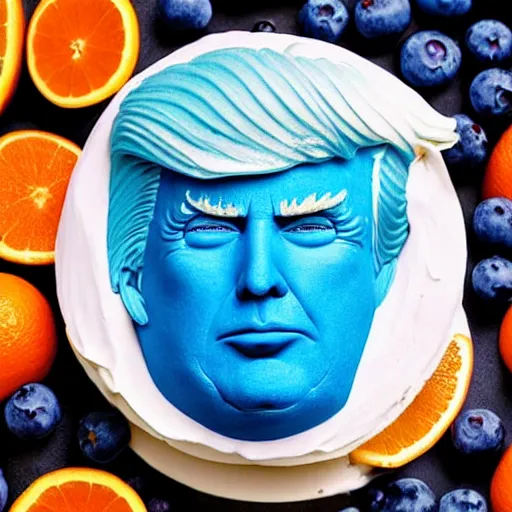 Prompt: edible donald trump made step by step : 1. lemon skin for hair 2. cake and orange pieces for the face 3. blueberries and whipped cream for the suit, from the beautiful'food art collection ', dslr