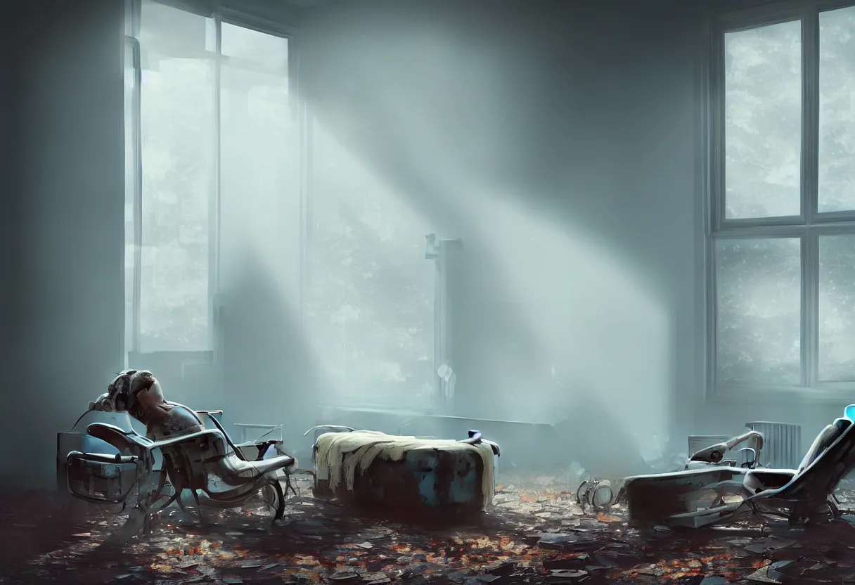 Image similar to intimate photograph of one single lone solitary cerulean and brown decaying futuristic robot lying on a frayed fainting couch in front of a beautiful fireplace with a cozy fire, in a dusty Victorian home, soft morning light seeping in a window, with cinematic lighting and lens flare, tall ceiling, octane render, cgsociety, by Simon Stalenhag and Rouhollah Toghyani and Sylvian Boussiron and Alfonso Cuaron, highly detailed closeup portrait, award-winning highly detailed 8k anamorphic closeup tight cinematic movie photograph