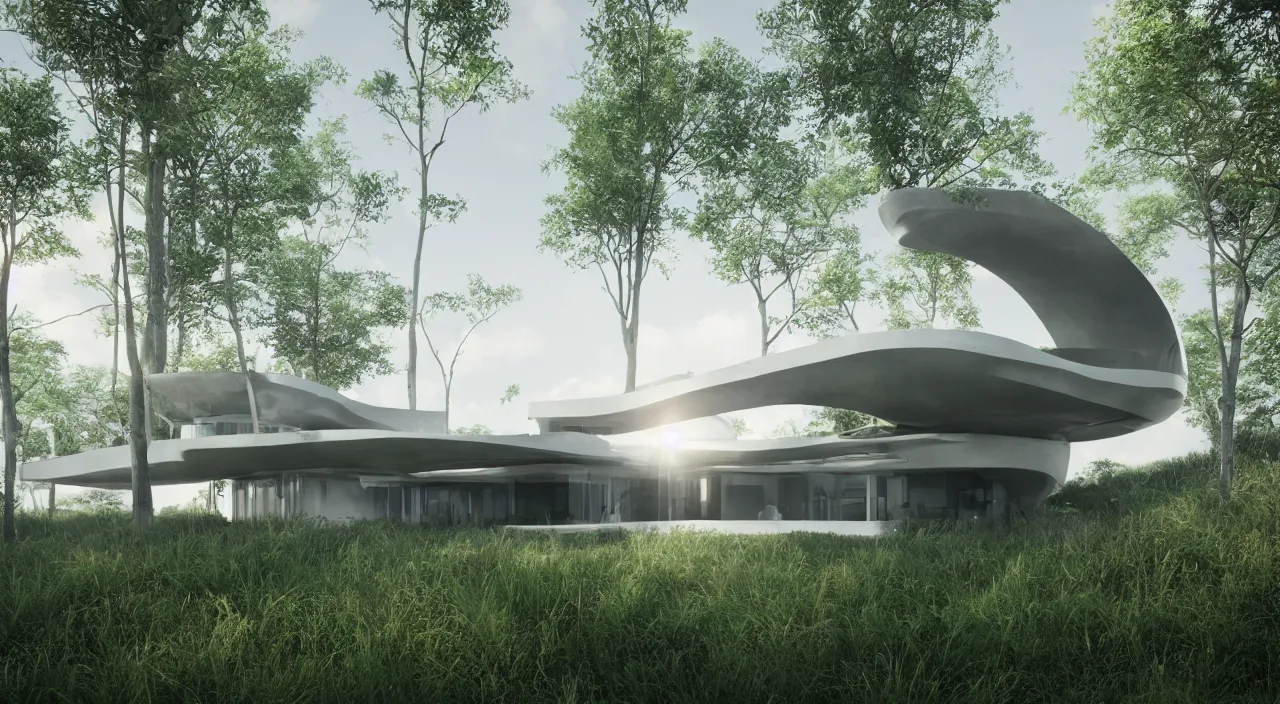 Prompt: a futuristic house sitting in the middle of the forest, unreal engine, zaha hadid, tom wright, ludwig mies van der rohe architectural designs, volumetric lighting, octane render, 8 k