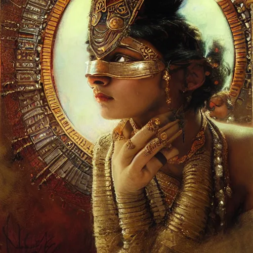 Image similar to detailed potrait of hindu traditional woman blindfolded by high - tech steam punk face armour, girl graceful,, painting by gaston bussiere, craig mullins, j. c. leyendecker, lights, art by ernst haeckel, john william godward, hammershøi,,