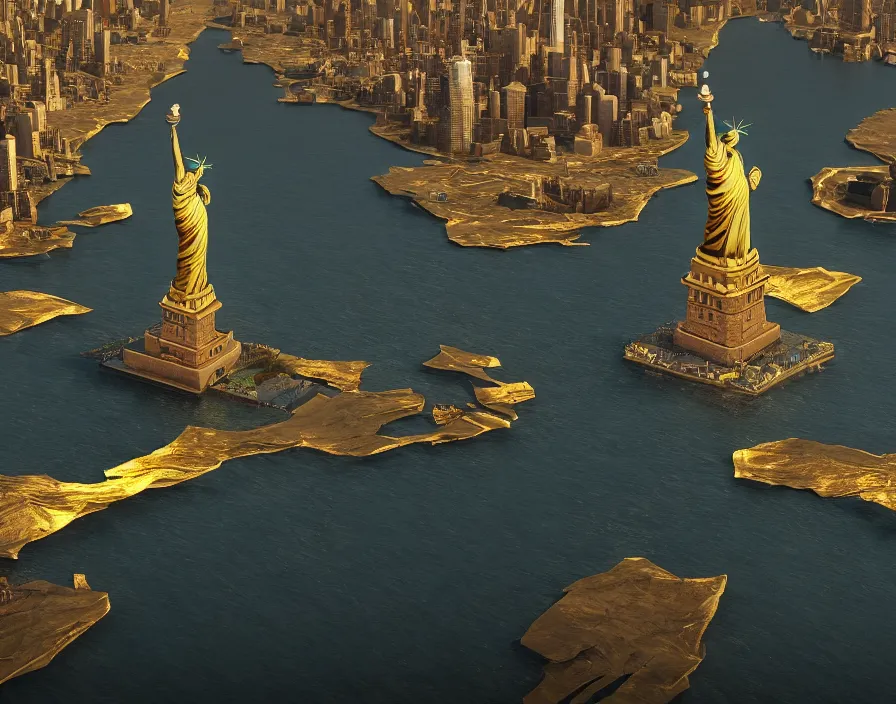 Image similar to statue of liberty but it's made from gold and sing a rap with diamond microphone, beautiful graphics, fantasy artwork, very beautiful scenery, hd, hdr, ue 5, ue 6, unreal engine 5, cinematic 4 k wallpaper, 8 k, ultra detailed