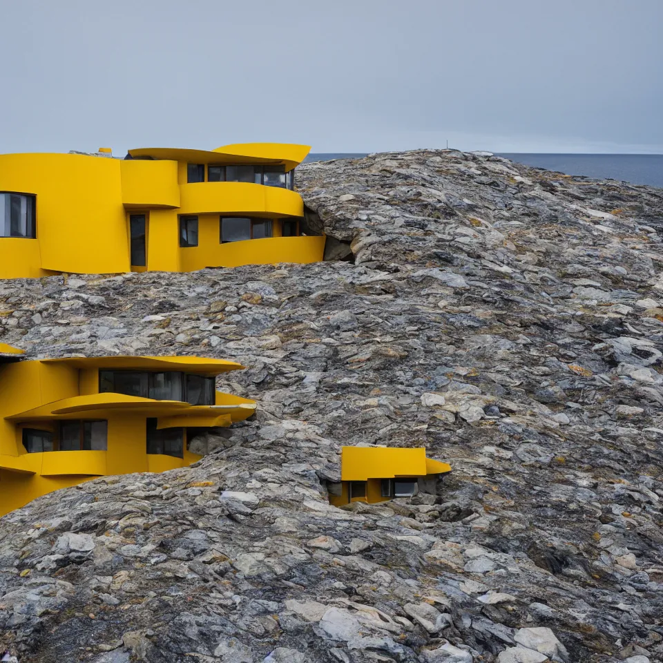 Prompt: a mid-century modern house on top of a cliff in the arctic, designed by Frank Gehry. Big tiles. Small pathway . Film grain, cinematic, yellow hue