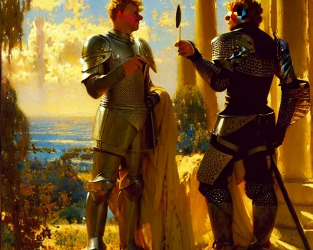 Image similar to arthur pendragon flirting wit his knight. the knight is also flirting back, highly detailed painting by gaston bussiere, craig mullins, j. c. leyendecker