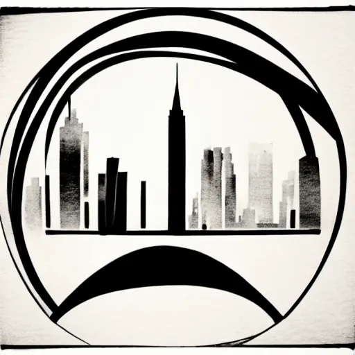 Image similar to a perfect circle, the outer edge of the circle is hugged by the silhouette of a city skyline, black and white, minimalist, in the style of a line drawing