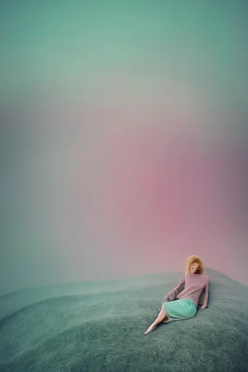 Image similar to high quality pastel coloured film close up wide angle photograph of a model wearing clothing resting on cloud furniture in a icelandic black rock!! environment in a partially haze filled dreamstate world. three point light, rainbow. photographic production. art directed. pastel colours. volumetric clouds. pastel gradient overlay. waves glitch artefacts. extreme facial clarity. 8 k. filmic.