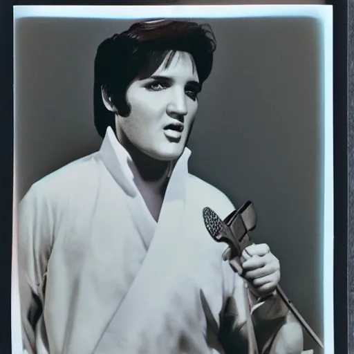 Prompt: elvis presley holding a katana, color Polaroid,