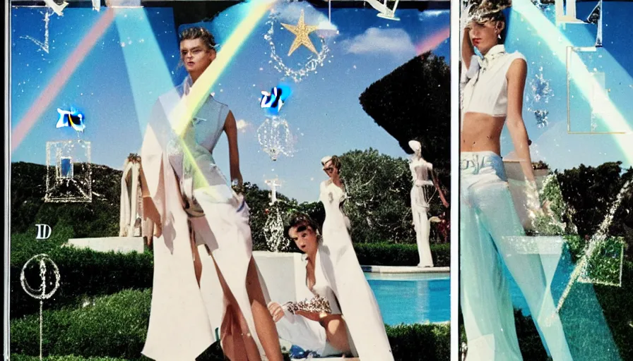 Prompt: 1 9 8 8 italia vogue magazine photo of a mansion, christian dior archi style, mediterranean beach background, refracted lines and sparkles, flash photography, major arcana sky and occult symbols