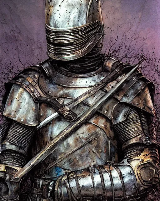 Prompt: a hyper realistic painting of a knight in armor made out of rotting metal, pale colors, fog, dark fantasy, cinematic lighting, nighttime, by rebecca guay