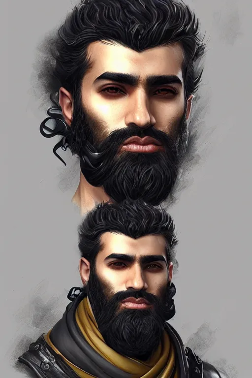 Image similar to Arab man light beard, curly hair, swordsman, modern, hero, leather , yellow and charcoal, character concept art, costume design, trending on artstation, Artgerm , WLOP