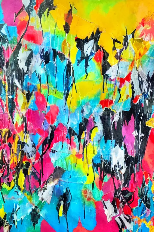 Image similar to abstract expressionist painting, paint drips, acrylic, wildstyle, clear shapes, maximalism, smeared flowers, origami cranes, oil pastel gestural lines, large triangular shapes