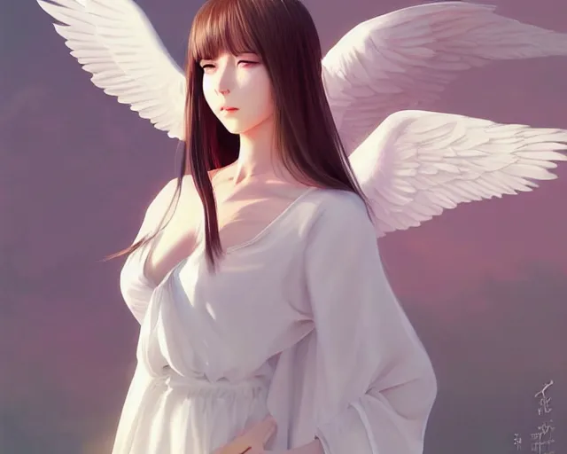 Image similar to infinitely detailed full - body portrait pale female peaceful dream angel wearing elegant clothes. beautiful! scenery art! by wlop & murata range, by ilya kuvshinov. artstation!! / pixiv!!