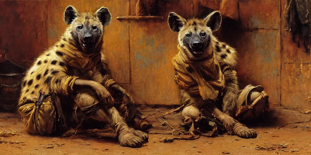 Prompt: a hyenaman wearing tshit and jeans sitting on the floor. highly detailed painting by gaston bussiere, craig mullins, j. c. leyendecker 8 k