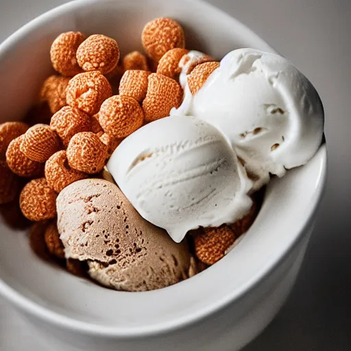 Prompt: ice cream and cereal bowl, yum, photograph, 30mm photography