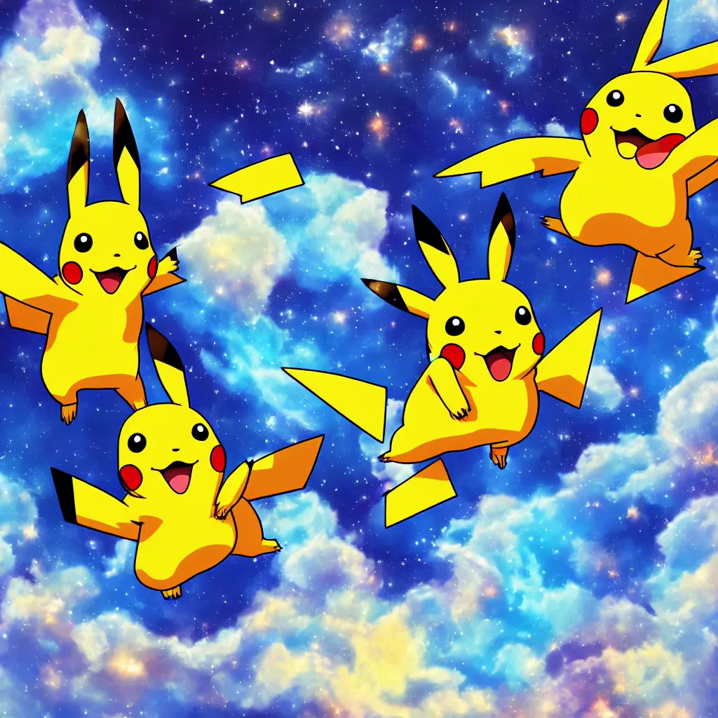 Prompt: Pikachu flying through space, high quality, digital art