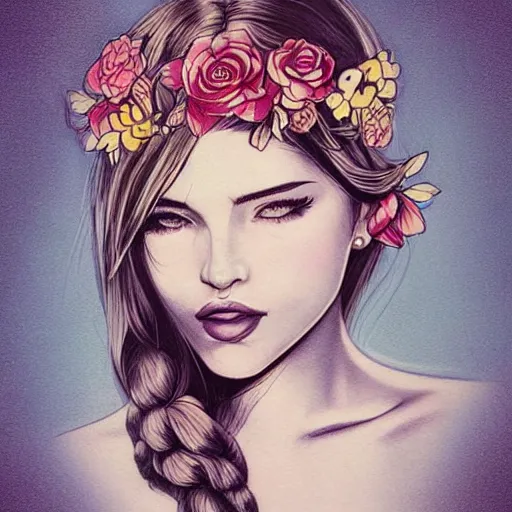 Prompt: tattoo design, stencil, traditional, beautiful portrait of a girl with flowers in her hair by artgerm, artgerm, digital art