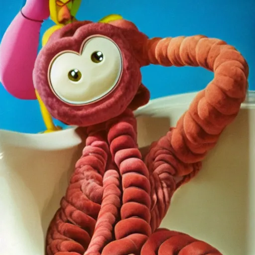 Image similar to a female anthropomorphic intestine in a bathtub, children's television show, 1974, technicolor