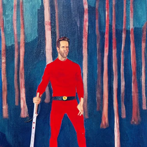 Prompt: Ryan Reynolds wearing a red suit and holding a long sword in the middle of a detailed ancient forest, abstract minimalist painting