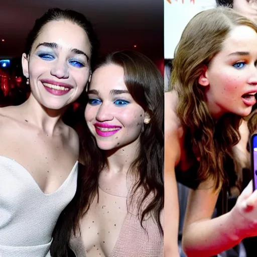 Prompt: a woman who is a genetic combination emilia clarke and jennifer lawrence takes a selfie with a woman who is the genetic combination of emily rudd and taylor swift, medium shot, detailed eyes,