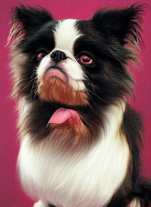 Image similar to portrait of a dwarf Japanese chin dog, highly detailed, centered, solid color background, digital painting, artstation, concept art, smooth, sharp focus, illustration, Jason Edmiston, donato giancola, Joseph Christian Leyendecker, Les Edwards, Ed Repka, WLOP, Artgerm