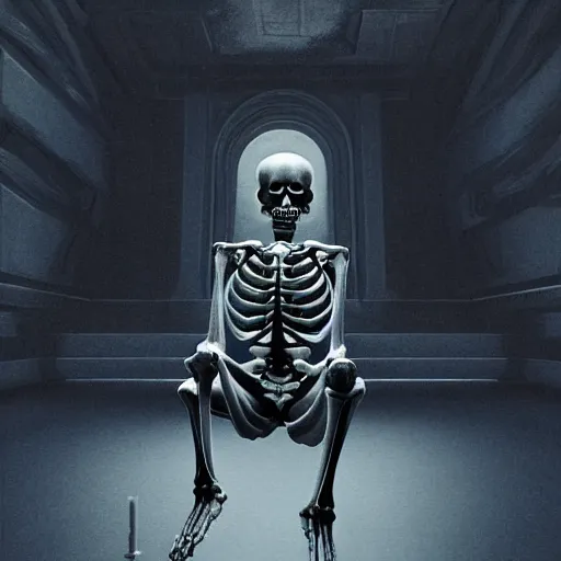 Image similar to dark god sit on the tron, surreal, night, death, fear, 4 k resolution, caravaggio, hyperrealism, detailed and intricate environment, skeleton