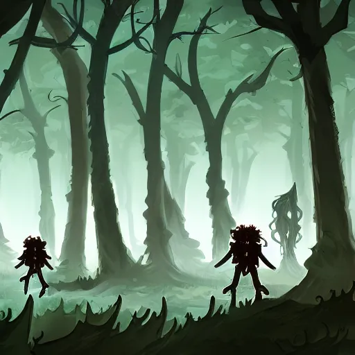 Prompt: a group of people standing in a dark forest, attacked by tentacles, concept art, 2 d game art