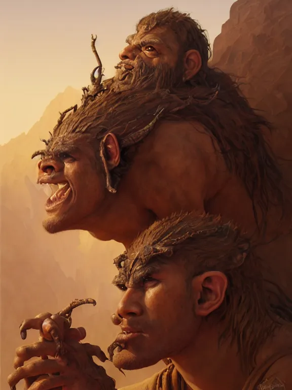 Image similar to portrait of a brown desert troll, looking at camera, d & d, large muscular savage warrior, cloth attire, short aztec hair, large noses, intricate, fantasy, extremely detailed, digital painting, artstation, concept art, smooth, sharp focus, illustration, ambient lighting, art by artgerm and greg rutkowski and alphonse mucha and simon stalenhag