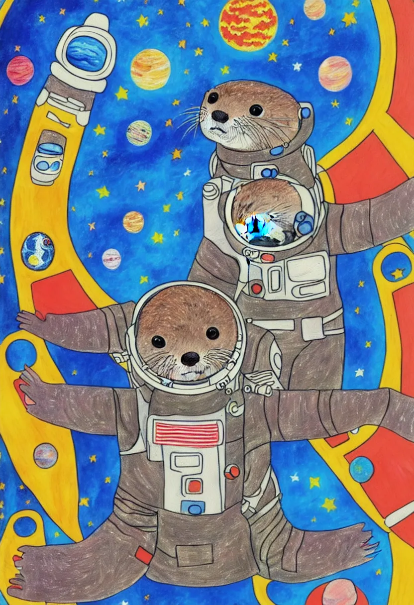 Prompt: children's storybook, detailed guache painting, semi-realistic portrait of an otter in an astronaut space suit floating in outer space.