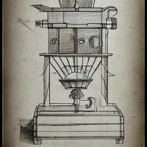 Image similar to various sketches of a mechanical coffee grinder in the style of leonardo da vinci, ultra detailed, scribbles, technical drawing, engineering blueprints