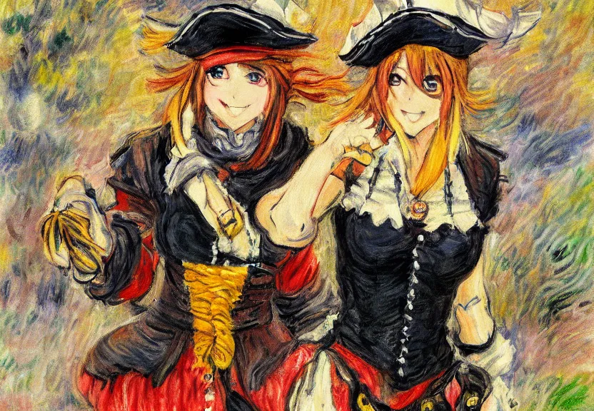 Image similar to wide angle perspective of a female pirate, a thrifty uniform, somewhat of an anime in impressionist style, trending artwork, made with anime painter studio, by claude monet and an anime artist, collaboration