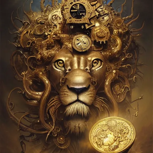 Image similar to a beautiful detailed 3 d matte portrait of a clockwork lion, by ellen jewett, by tomasz alen kopera, by justin gerard, ominous, magical realism, texture, intricate, skull, skeleton, gold coins, money, whirling smoke, alchemist bottles, radiant colors, fantasy, volumetric lighting, high details