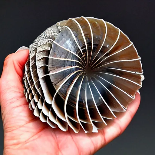 Prompt: a seashell made out of insane geometry. product photo