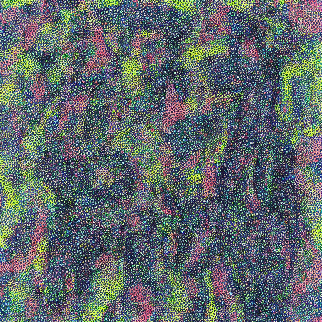 Prompt: camo made of out fabric, smiling, abstract, maya bloch artwork, do hoang tuong artwork, cryptic, dots, stipple, lines, splotch, concrete, color tearing, uranium, neon, pitch bending, faceless people, dark, ominous, eerie, minimal, points, technical, painting