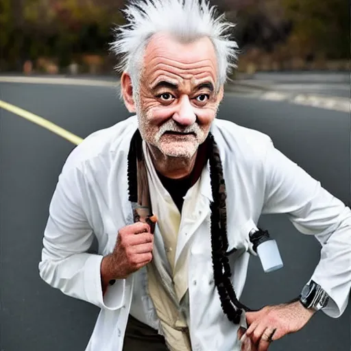 Image similar to !dream the roll of Rick Sanchez will be played by Bill Murray, spikey hair, white lab coat, photography