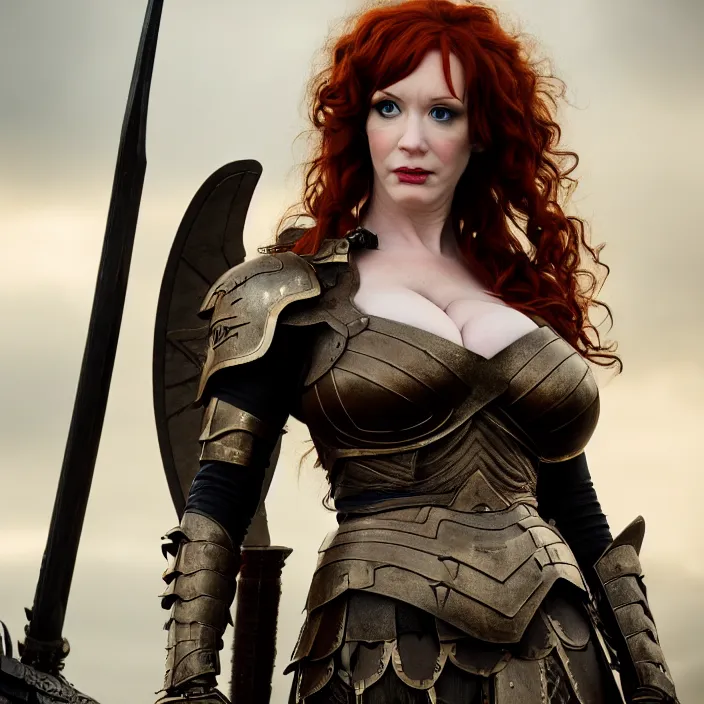 Image similar to full length photograph of a real-life christina hendricks as a valkyrie warrior, Extremely detailed. 8k