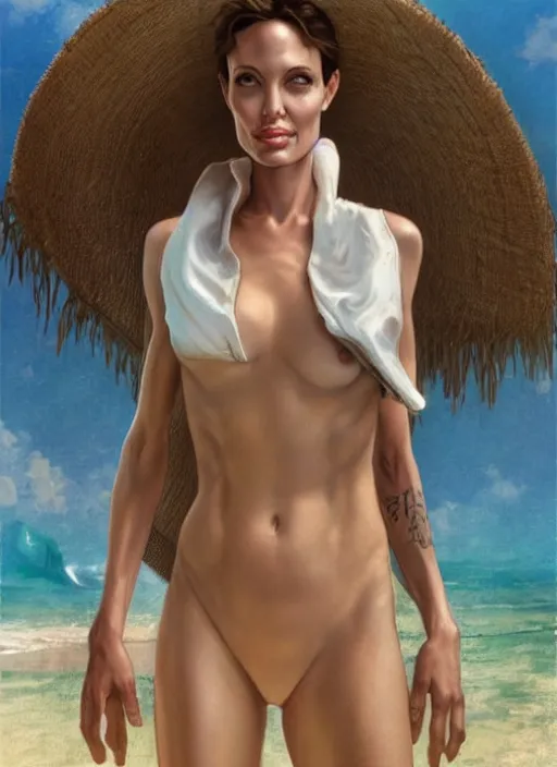 Image similar to portrait angelina jolie as sea lifeguard on the beach, full length shot, shining, 8k highly detailed, sharp focus, illustration, art by artgerm, mucha, bouguereau