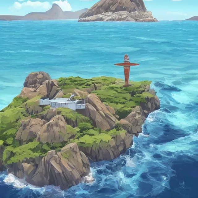 Image similar to a remote island research station in the middle of the ocean, rhads!!!, ominous, digital science fiction realism, archipelago!!, urban fantasy, saturday morning cartoon, clean linework, ( alexander archipenko ), western animation