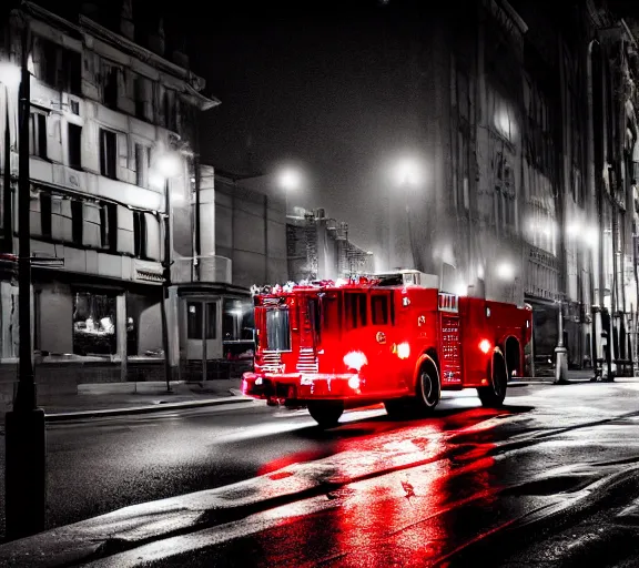 Prompt: A firetruck at night, city streets, back view, off angle, rule of thirds, dark shading, flashing lights, wet reflective concrete, city, photograph, award winning, deviantart
