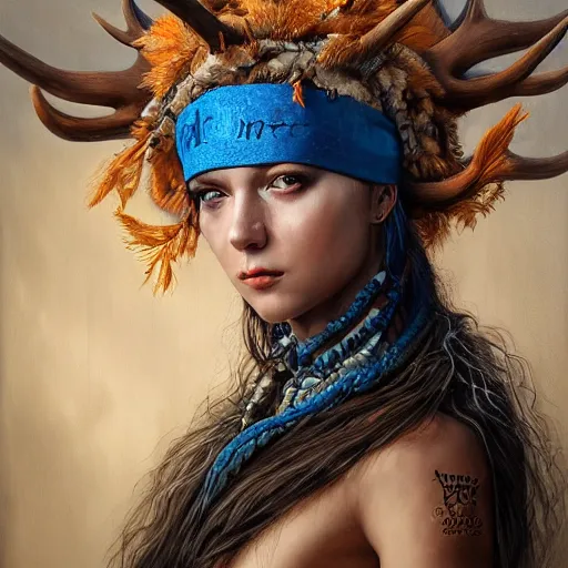 Image similar to A young female shaman, blue hair and antlers on her head. blindfolded, heilung, in the style of Heather Theurer, headshot photoshoot, insanely detailed and intricate, beautiful, elegant, cinematic toplight, portrait, headroom, artstation, karol bak