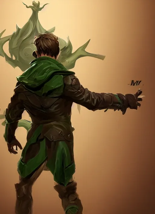 Image similar to a highly detailed illustration of thick wavy brown haired young white guy wearing brown detective trench coat and wearing dark green mask, with many long mechanical arms on his back, dramatic standing pose, intricate, elegant, highly detailed, centered, digital painting, artstation, concept art, smooth, sharp focus, league of legends concept art, WLOP