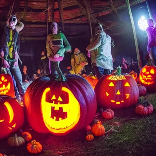 Prompt: a spooky rave inside of a giant pumpkin