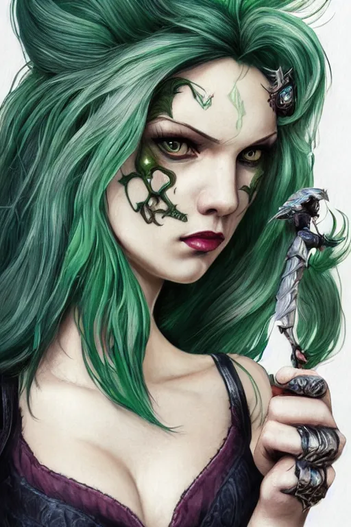 Image similar to green hair tattooed pinup hannah murray, rogue bard, feathers, baldurs gate, diablo, dnd, hulking, herculean, deep focus, turnaround, fantasy, intricate, elegant, highly detailed, digital painting, artstation, concept art, matte, sharp focus, illustration, hearthstone, art by artgerm and greg rutkowski and alphonse mucha.