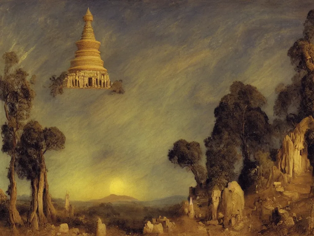 Image similar to Buddhist ruins, stupa surrounded by the panthers at night. Starry sky, cypresses in the wind. Birds. Painting by Arnold Bocklin, Turner.