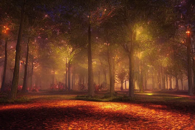 Prompt: An enchanted forest at night, beautiful landscape, fantasy-style, cinematic lighting, photorealism.