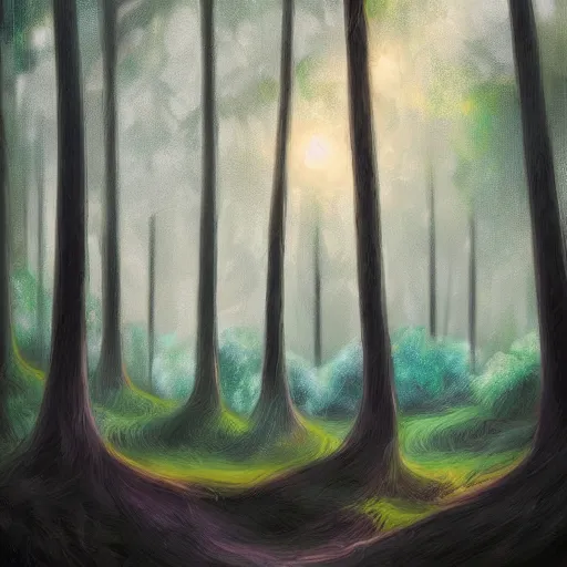 Image similar to A forest in the art style of Alena Aenami, Marcel Marcel and Metzinger